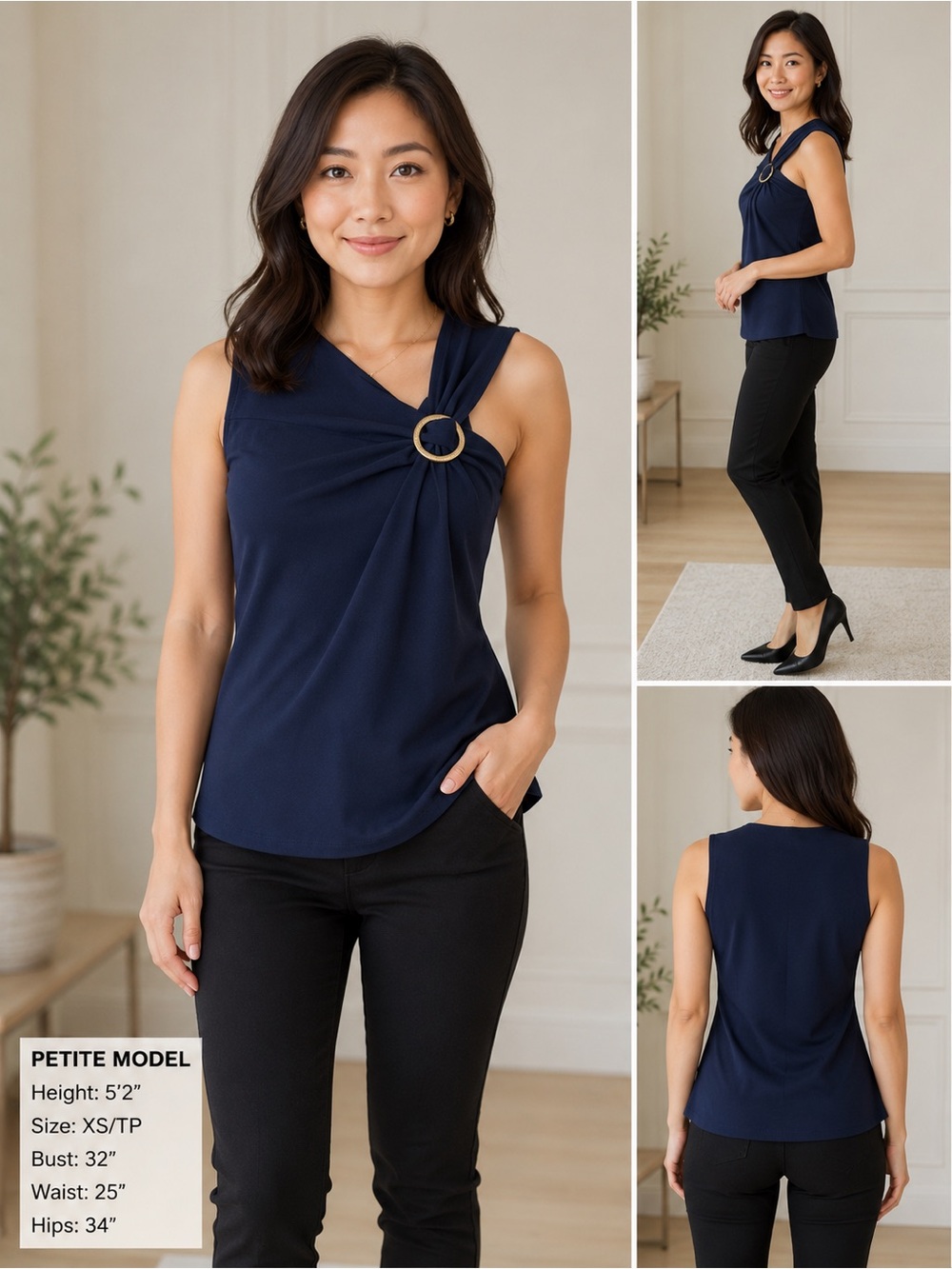Michael Kors Navy Asymmetrical Ring Detail Sleeveless Blouse Top XS